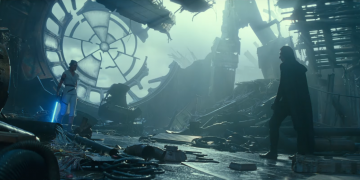 Rey e Kylo Ren all'iinterno della Morte Nera in Star Wars