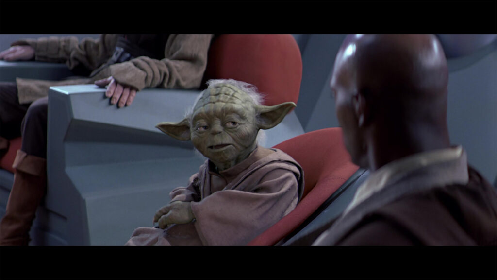Yoda e Windu perplessi alla dichiarazione di Qui-Gon di aver trovato il Prescelto