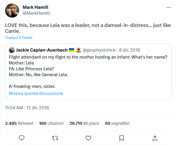 Tweet di Hamill su Leia