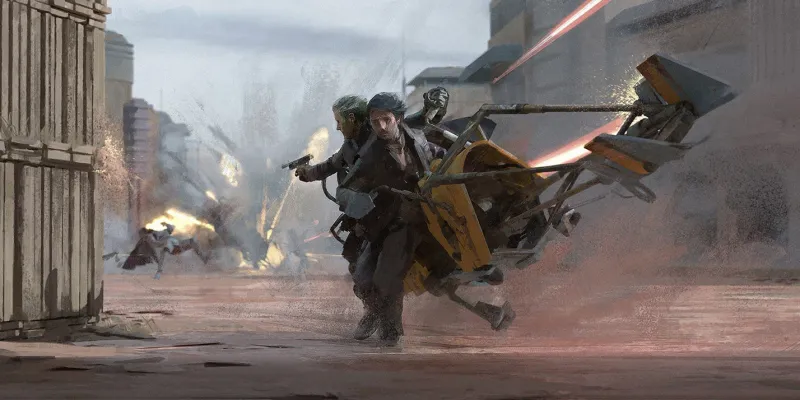 Concept art della seconda Stagione di Andor dove viene raffigurato Andor che guida uno speeder bike insieme ad un secondo personaggio che impugna un arma