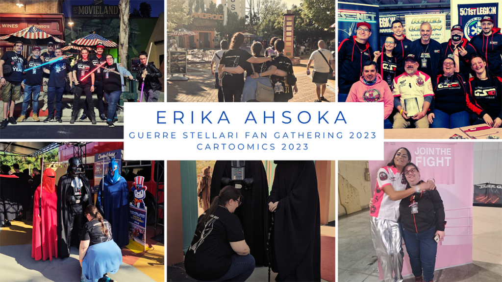 Collage di foto del team di guerrestellari.net al Guerre Stellari Fan Gathering 2023 a Movieland e a Cartoomics Milano 2023. Protagonista Erika Ahsoka e il team