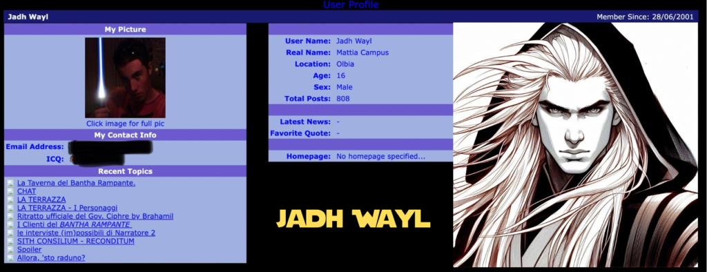 Schermata del profilo del forum di gsnet nel 2001. inoltre una rappresentazione del personaggio di Jadh Wayl