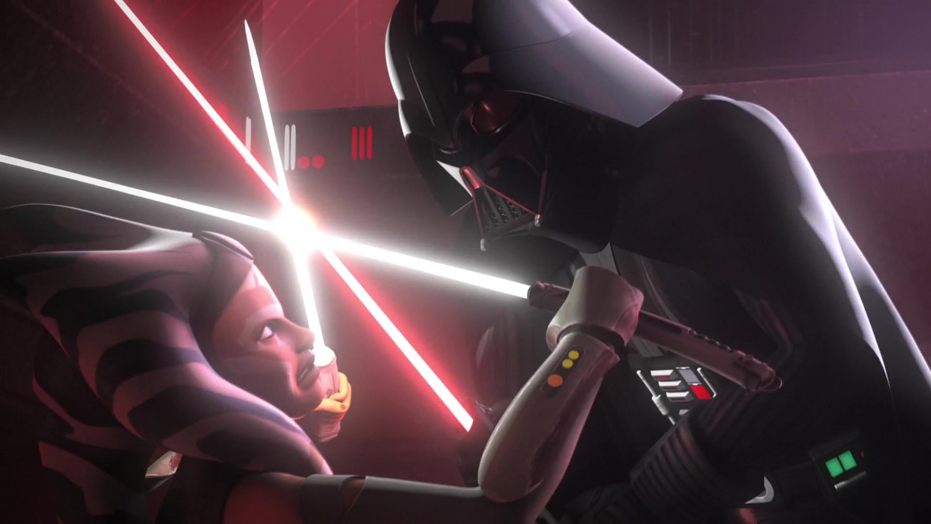 Il duello tra Ahsoka e Darth Vader su Malachor, tratto dalla serie animata Rebels