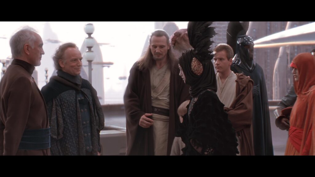 Il Cancellerie Supremo Valorum assieme la Senatore Palpatine accoglie i Jedi Qui-Gon Jin, Obi-Wan Kenobi e la regina Amidala