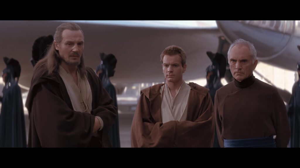 Il Cancelliere Supremo Valroum assieme ai Jedi Qui-Gon Jin e Obi-Wan Kenobi