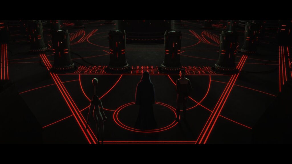 Palpatine, Hemlock e Nala Se all'interno della stanza segreta con le rune sith sul pavimento che brillano di rosso.